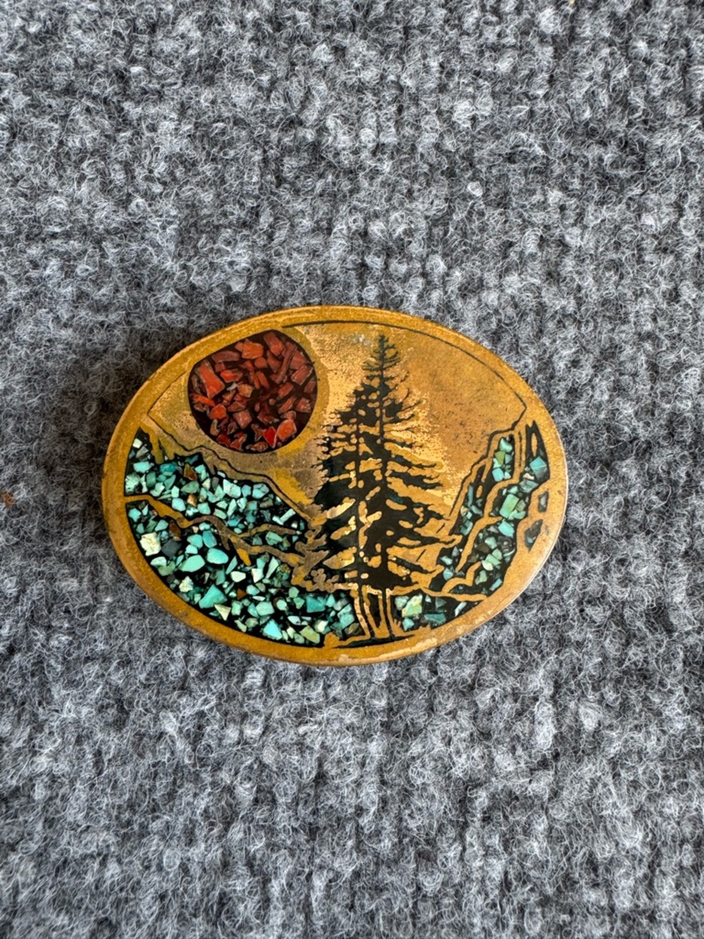 Harmony Metal Colorado Brass Mountain View Belt Buckle with Turquoise Inlay